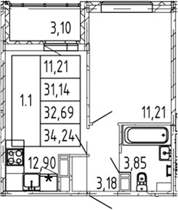 1-комнатная квартира 31.14 м², 12/12 эт., ЖК «Полис ЛАВрики»